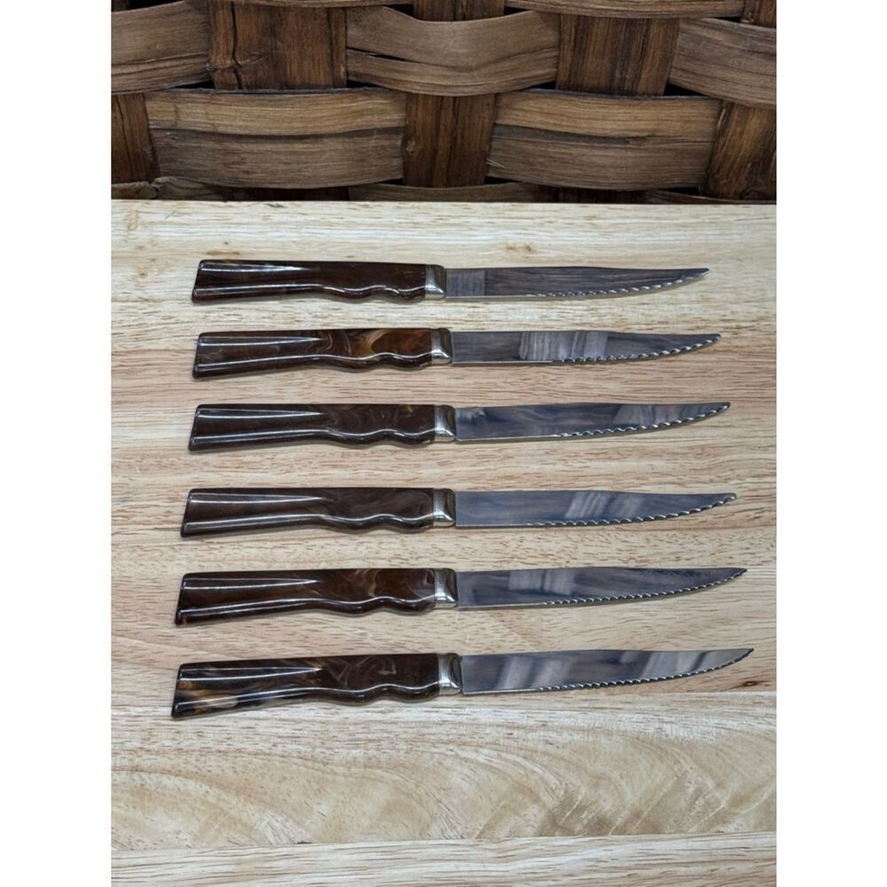 Set of 6 Vintage Serrated Steak Knives with Brown Swirl Handles